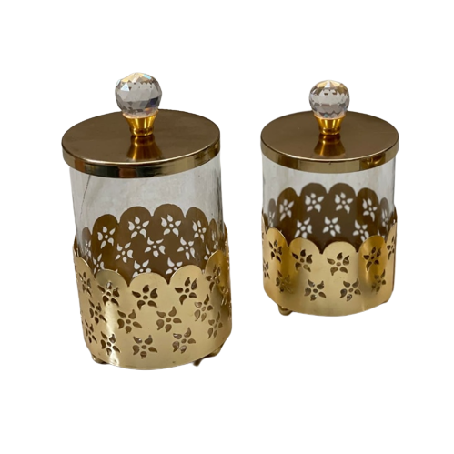 Top notch Quality Jar Set Of 3 With Tray In Iron And golden Color for indoors decor food storage & container