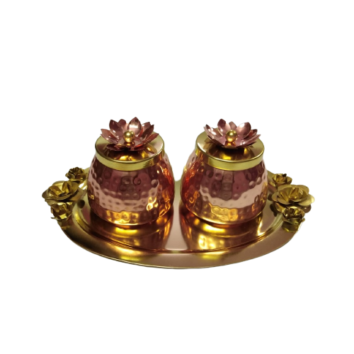 Top notch Quality Jar Set Of 3 With Tray In Iron And golden Color for indoors decor food storage & container
