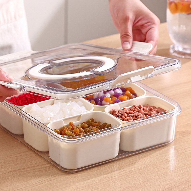 New Style Kitchen Sealed Portable Container Snack Storage Snacks Transparent Divider Vegetable Tray Box with Lid and Handle