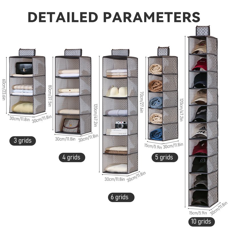 Hanging Closet Organizer and Storage, 6-Shelf Closet Hanging Storage Shelves, Grey hanging storage box