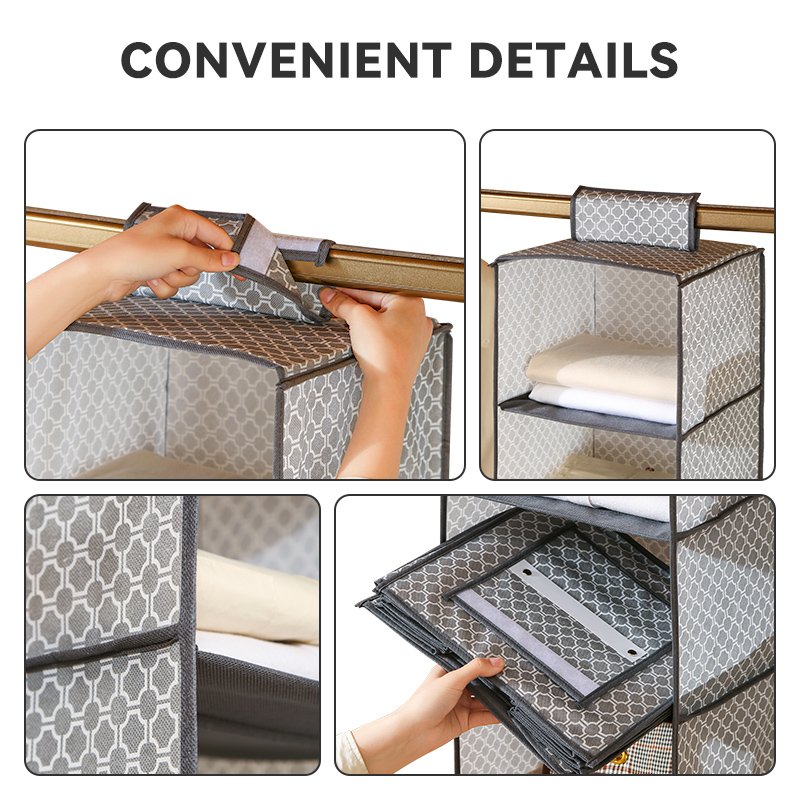 Hanging Closet Organizer and Storage, 6-Shelf Closet Hanging Storage Shelves, Grey hanging storage box