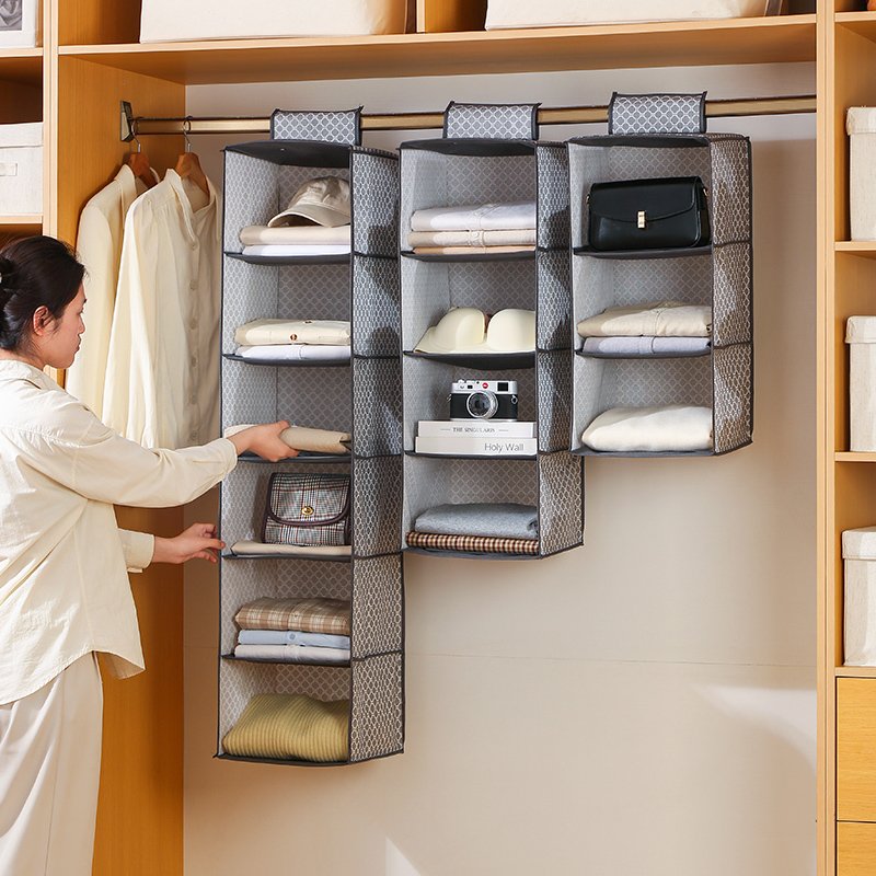 Hanging Closet Organizer and Storage, 6-Shelf Closet Hanging Storage Shelves, Grey hanging storage box