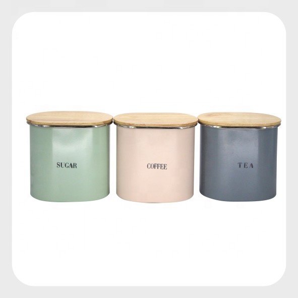 Kitchen Metal Food Storage Container Box Can Bread Bin with Bamboo Lid and 3 Coffee Sugar Tea Canister Set
