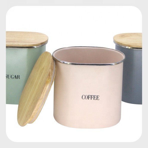 Kitchen Metal Food Storage Container Box Can Bread Bin with Bamboo Lid and 3 Coffee Sugar Tea Canister Set