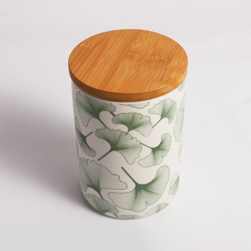 Tivray Unique Ceramic Green Apricot leaf Pattern Design Storage Tank Kitchen Sealed Jars with Wooden Seal Lid