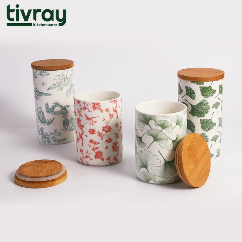 Tivray Unique Ceramic Green Apricot leaf Pattern Design Storage Tank Kitchen Sealed Jars with Wooden Seal Lid