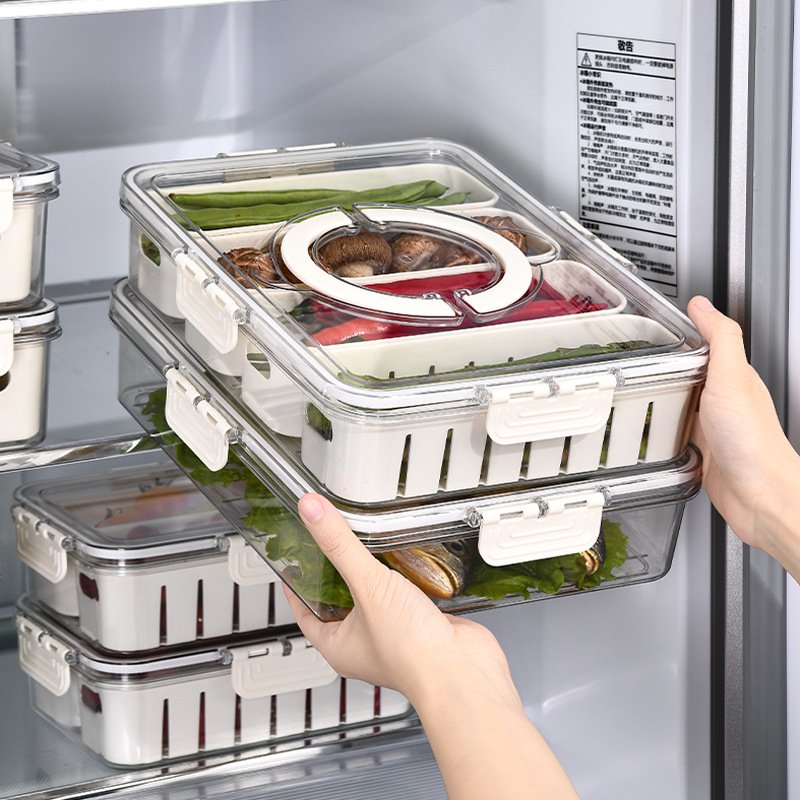 Hot Sale Kitchen Fruit Vegetable Crisper 4 Grids Transparent PET Fresh Keeping Box Sealed Box Fridge Storage Box With Strainer