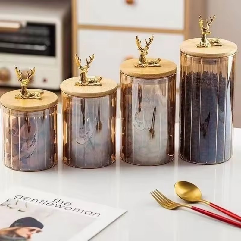 New Deer Lid Glass Food Storage Jar Container Electroplate Amber Color Seasoning Spice Glass Jar