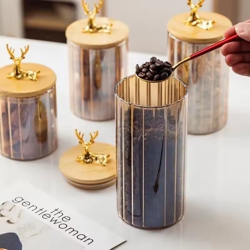 New Deer Lid Glass Food Storage Jar Container Electroplate Amber Color Seasoning Spice Glass Jar