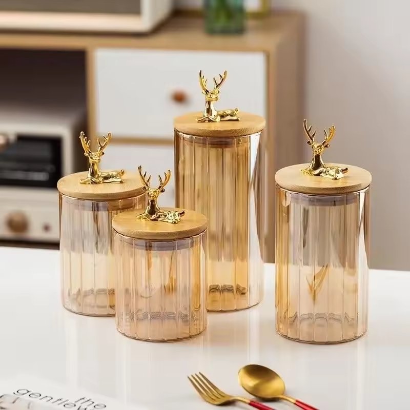 New Deer Lid Glass Food Storage Jar Container Electroplate Amber Color Seasoning Spice Glass Jar