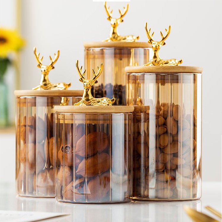 New Deer Lid Glass Food Storage Jar Container Electroplate Amber Color Seasoning Spice Glass Jar