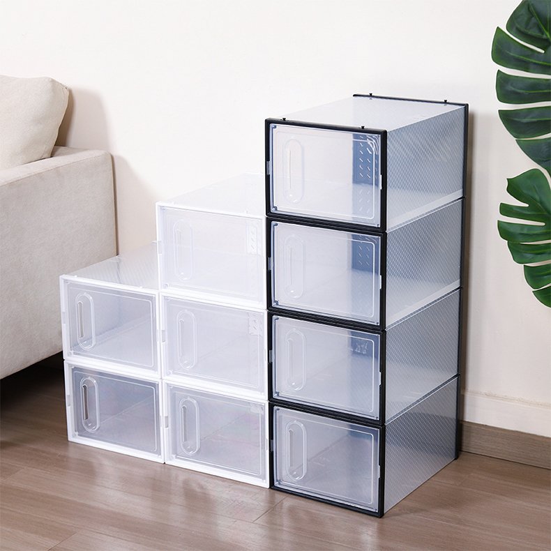 Custom Plastic Sneaker Stackable Shoe Storage Boxes Drop Front Drawer Type Clear Shoe Box