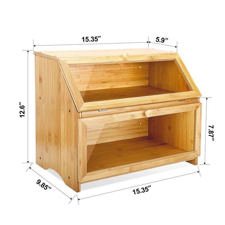 Wholesale Bamboo Wooden Kitchen Food Storage 2 Tiers Large Bamboo Bread Storage Box Container with Transparent Window