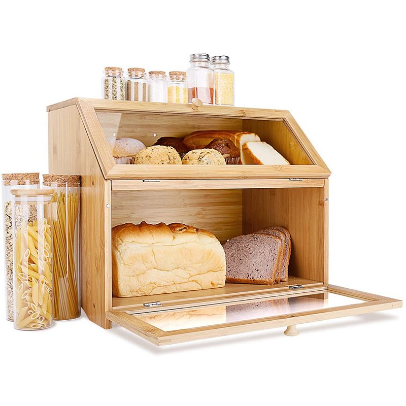 Wholesale Bamboo Wooden Kitchen Food Storage 2 Tiers Large Bamboo Bread Storage Box Container with Transparent Window
