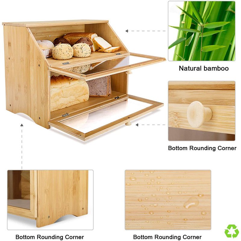 Wholesale Bamboo Wooden Kitchen Food Storage 2 Tiers Large Bamboo Bread Storage Box Container with Transparent Window