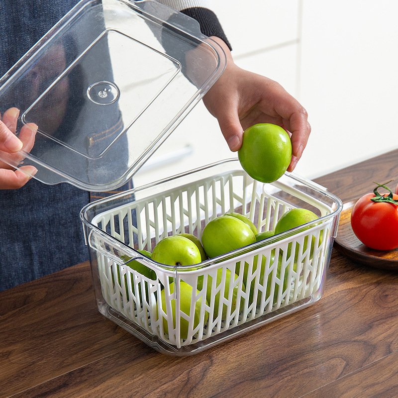 Plastic Kitchen Pantry Cabinet Refrigerator Freezer Bins Food Storage Box with Lid and Removable Drain Basket