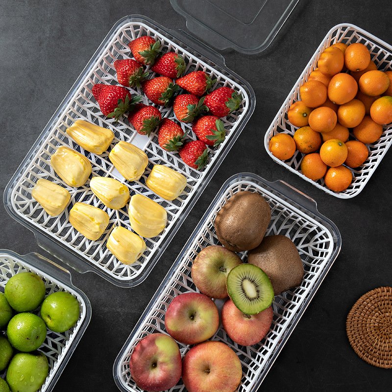 Plastic Kitchen Pantry Cabinet Refrigerator Freezer Bins Food Storage Box with Lid and Removable Drain Basket