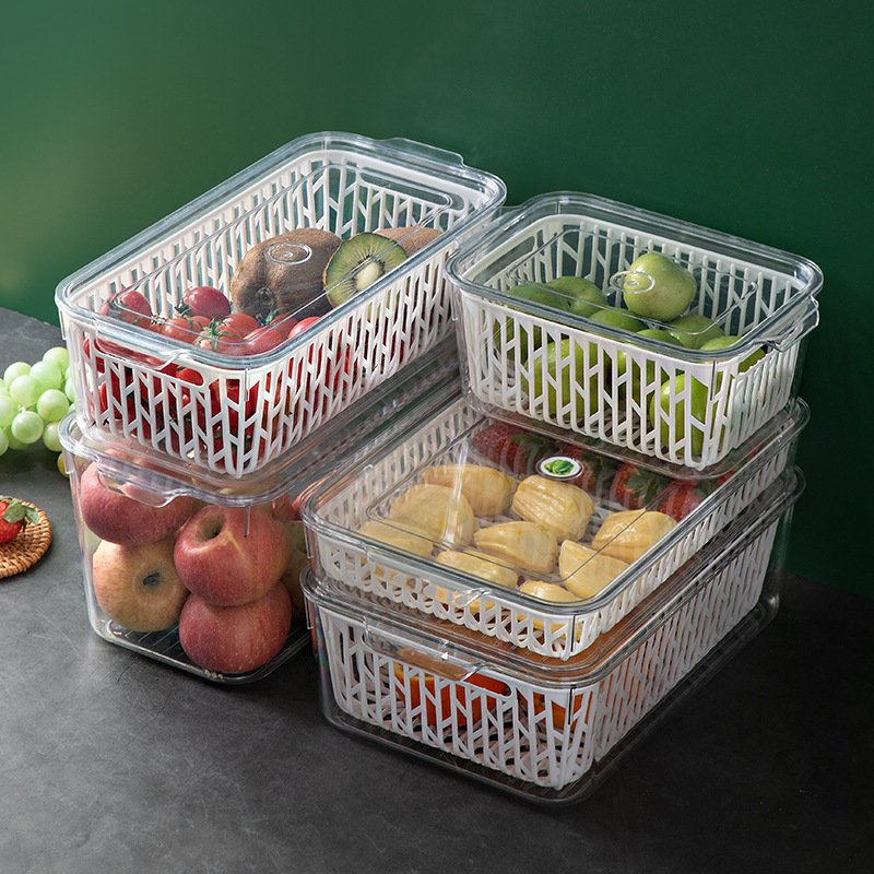 Plastic Kitchen Pantry Cabinet Refrigerator Freezer Bins Food Storage Box with Lid and Removable Drain Basket