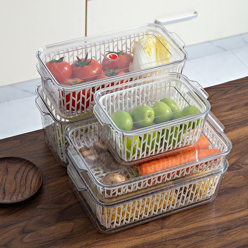 Plastic Kitchen Pantry Cabinet Refrigerator Freezer Bins Food Storage Box with Lid and Removable Drain Basket