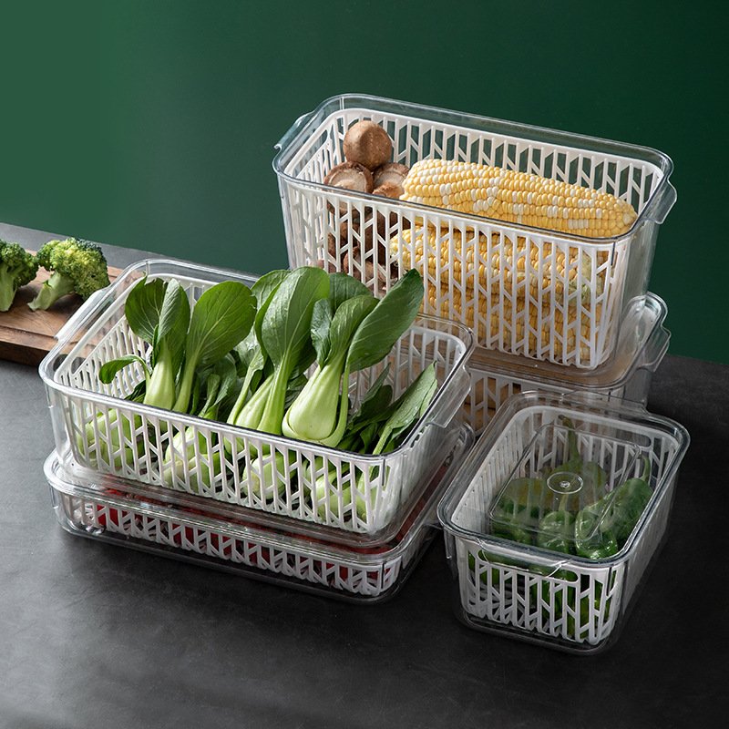 Plastic Kitchen Pantry Cabinet Refrigerator Freezer Bins Food Storage Box with Lid and Removable Drain Basket