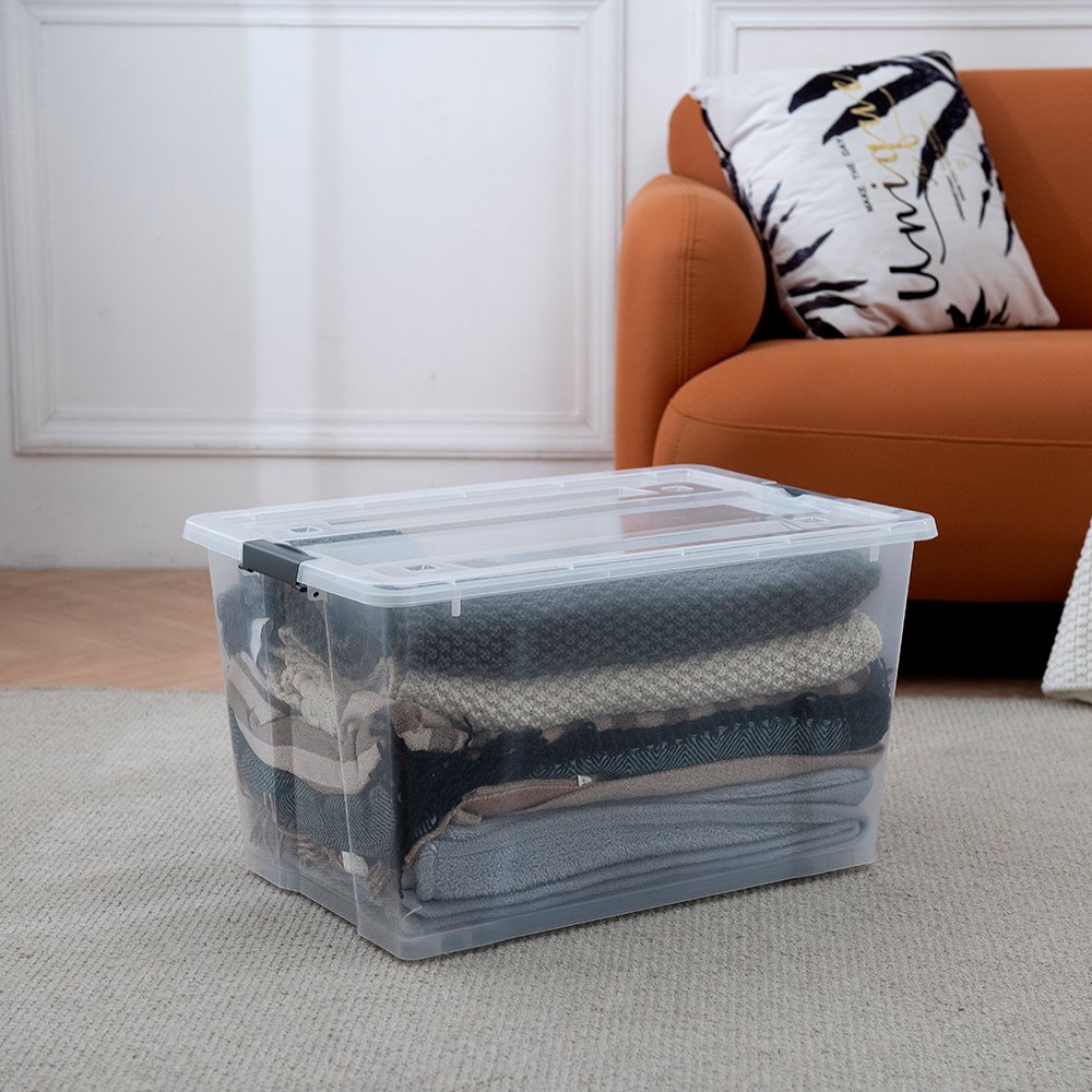 Modern design 50l clear plastic container storage box with wheels
