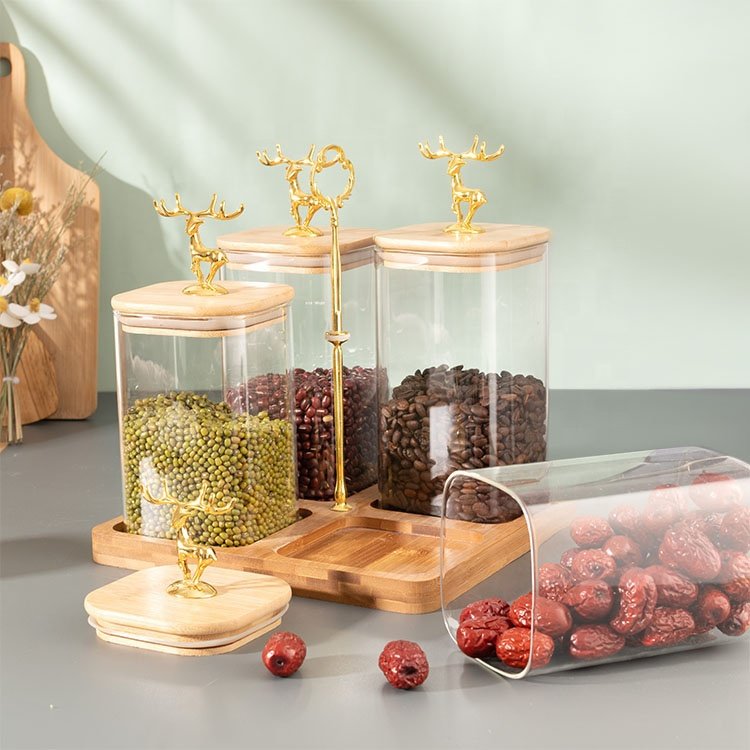 Light and luxurious high sealing transparent kitchen food storage container Glass sealed jar with elk bamboo lid
