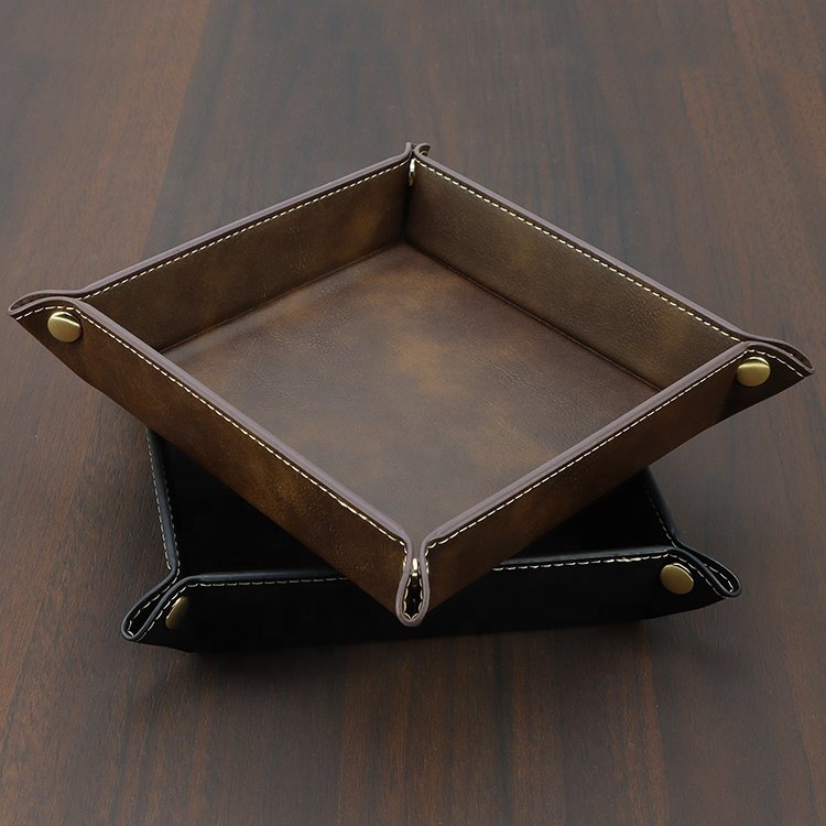 Foldable Change Candy Small Object Storage Laser Leather Walnut Tanned Leather Gray Valet Tray
