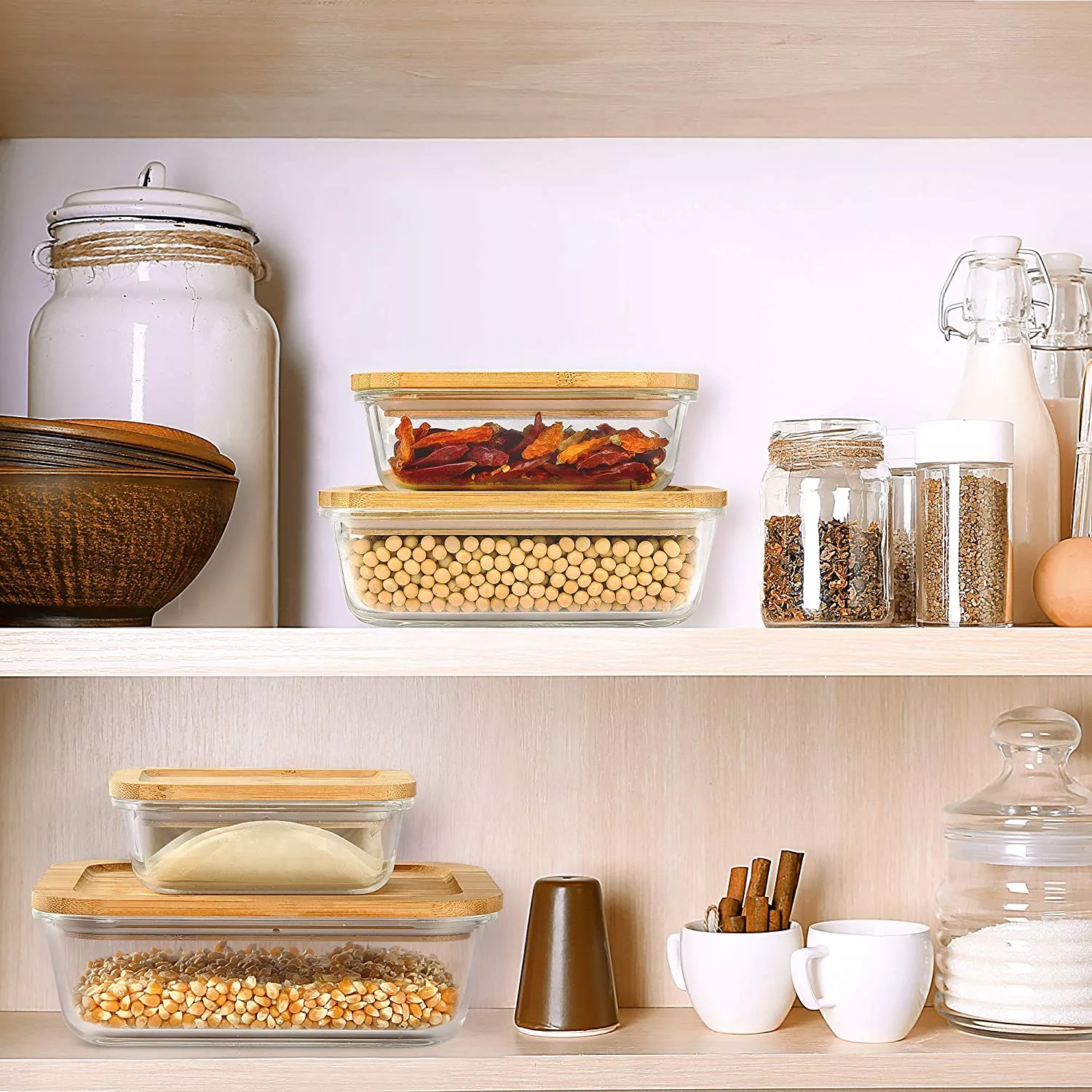 Food Storage Container Set Glass Bamboo Kitchen Organizer Glass Food Container with Bamboo Lid