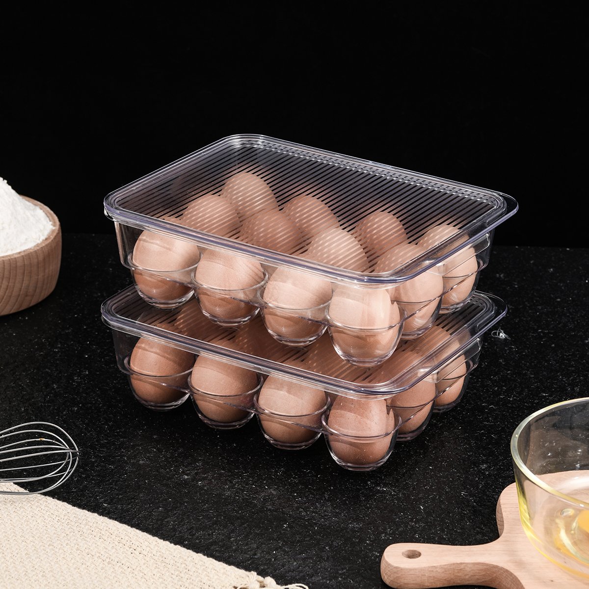 3x4 12pcs Refrigerator pantry transparent plastic bin organizers cuisine kitchen egg storage box egg trays with lids for eggs