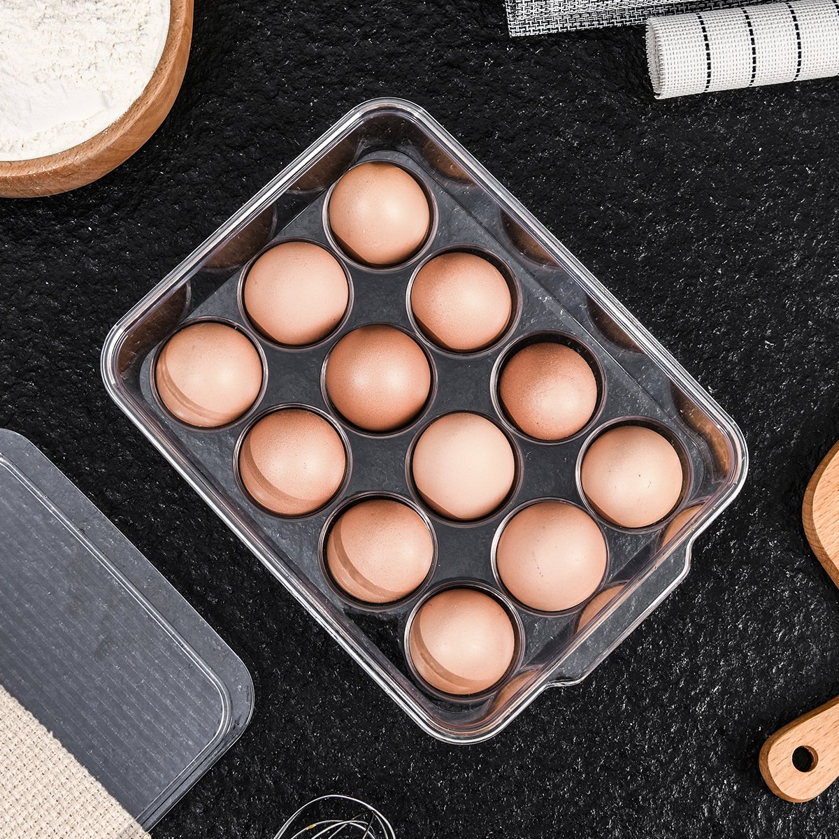 3x4 12pcs Refrigerator pantry transparent plastic bin organizers cuisine kitchen egg storage box egg trays with lids for eggs