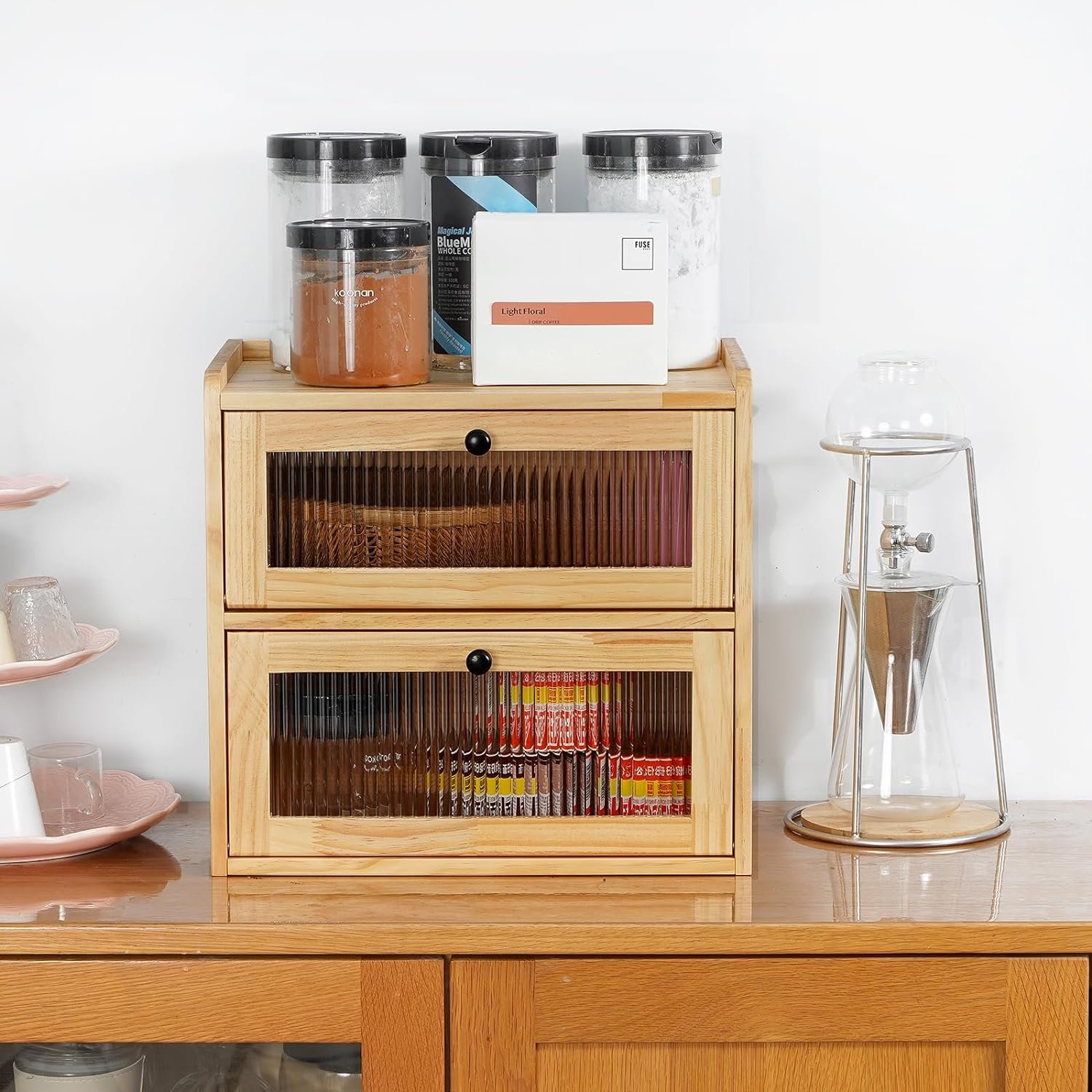 Modern Double Wooden Bread Box Rectangle Office Organizer for Food Storage or Pantry Multifunctional Storage Container