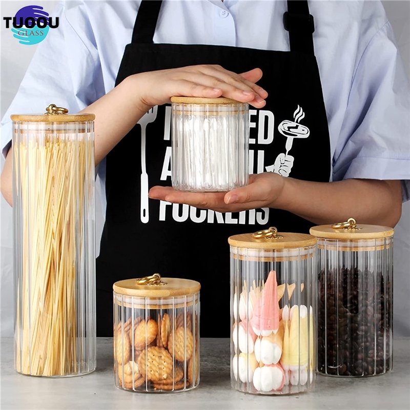 In Stock Wholesale Kitchen Food Tea Coffee Bar Glass Storage Jar Bottles Jars Container Set with Bamboo Lid Metal Handle