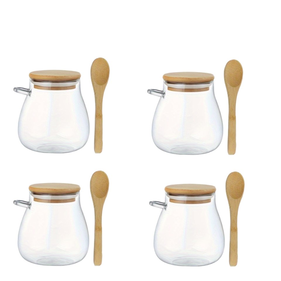YOLOME HOME 4-Pack 350ml/12oz High Borosilicate Clear Bamboo Lid Round Belly Glass Jars with Spoon Kitchen Food Storage Jars