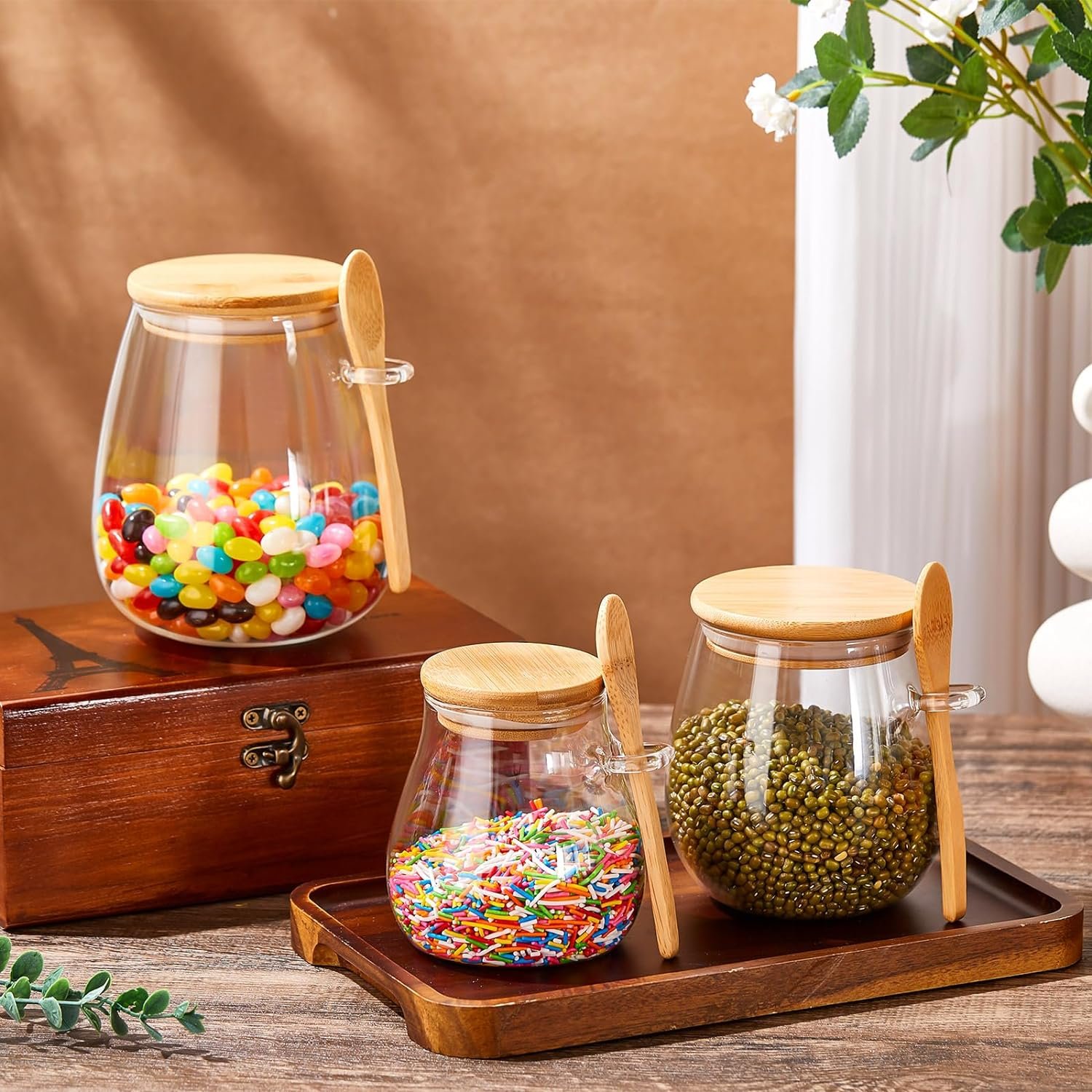 YOLOME HOME 4-Pack 350ml/12oz High Borosilicate Clear Bamboo Lid Round Belly Glass Jars with Spoon Kitchen Food Storage Jars