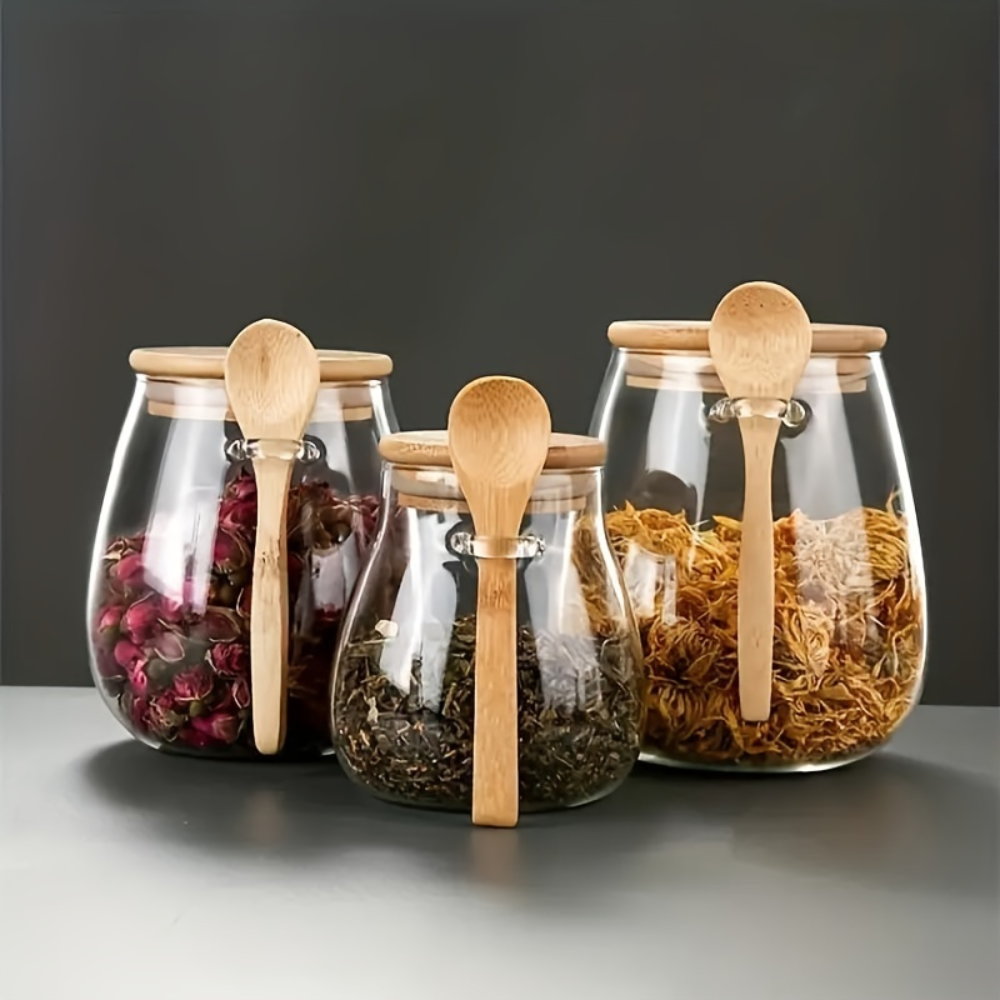 YOLOME HOME 4-Pack 350ml/12oz High Borosilicate Clear Bamboo Lid Round Belly Glass Jars with Spoon Kitchen Food Storage Jars
