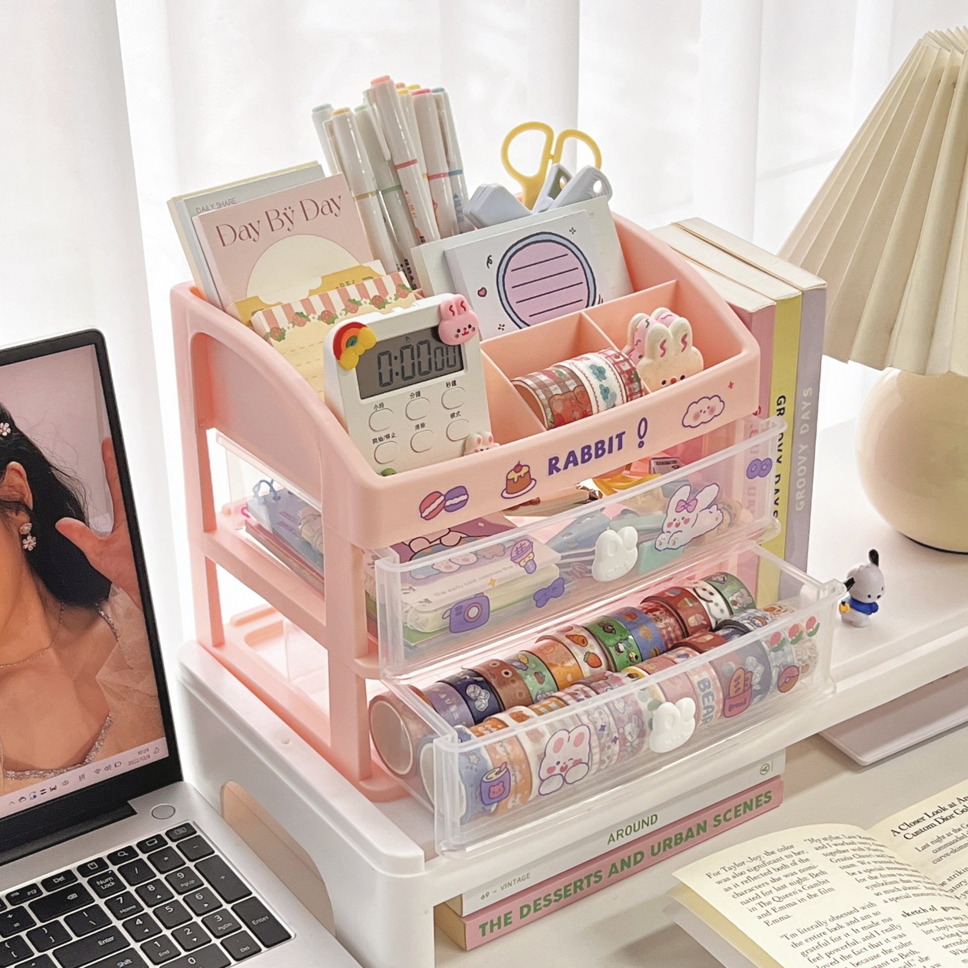 Desktop Cosmetic Storage Box Organizer Drawer Office Storage Rack Stationery Desk Pen Holder Bunny Drawer Organizer Cute Kawaii