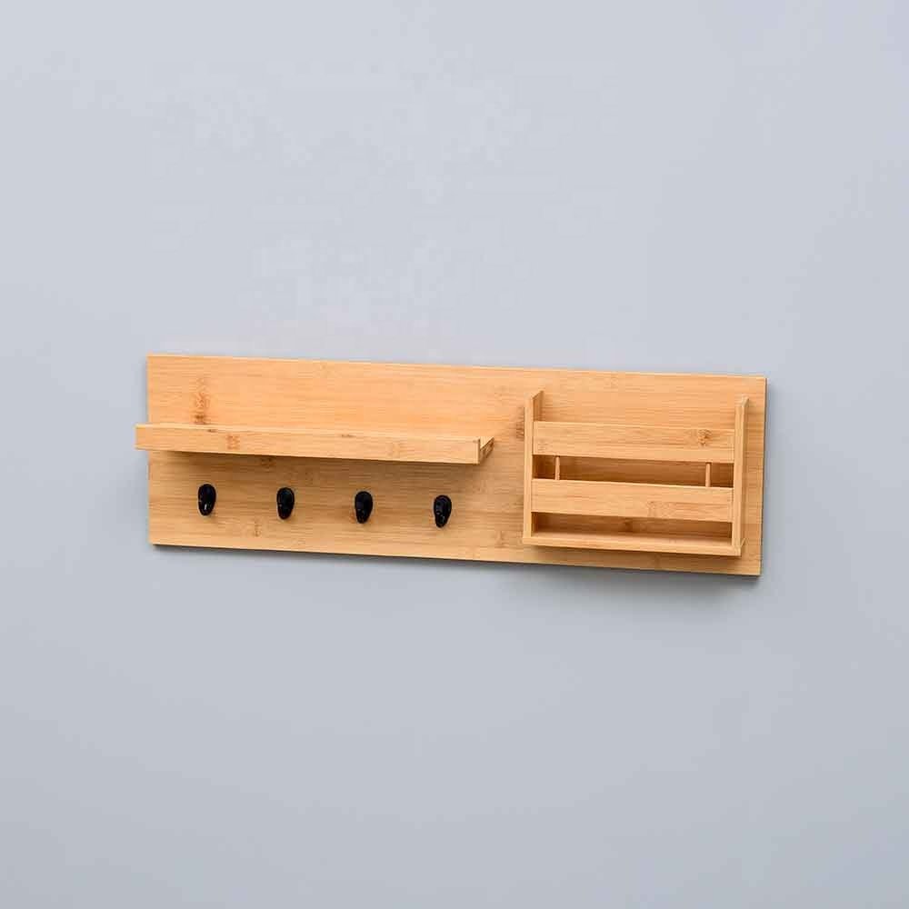 Modern Multifunctional Bamboo Wall Shelf with Four Hook Storage Box and Key Holder for Clothing & Living Room Use
