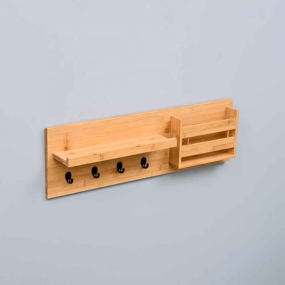 Modern Multifunctional Bamboo Wall Shelf with Four Hook Storage Box and Key Holder for Clothing & Living Room Use
