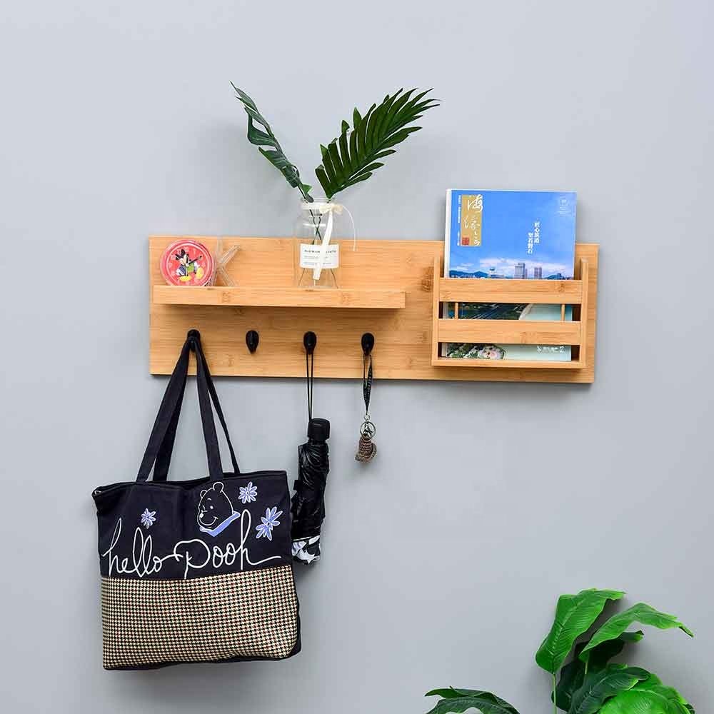 Modern Multifunctional Bamboo Wall Shelf with Four Hook Storage Box and Key Holder for Clothing & Living Room Use