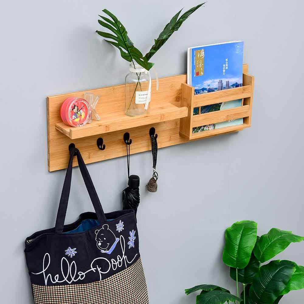 Modern Multifunctional Bamboo Wall Shelf with Four Hook Storage Box and Key Holder for Clothing & Living Room Use