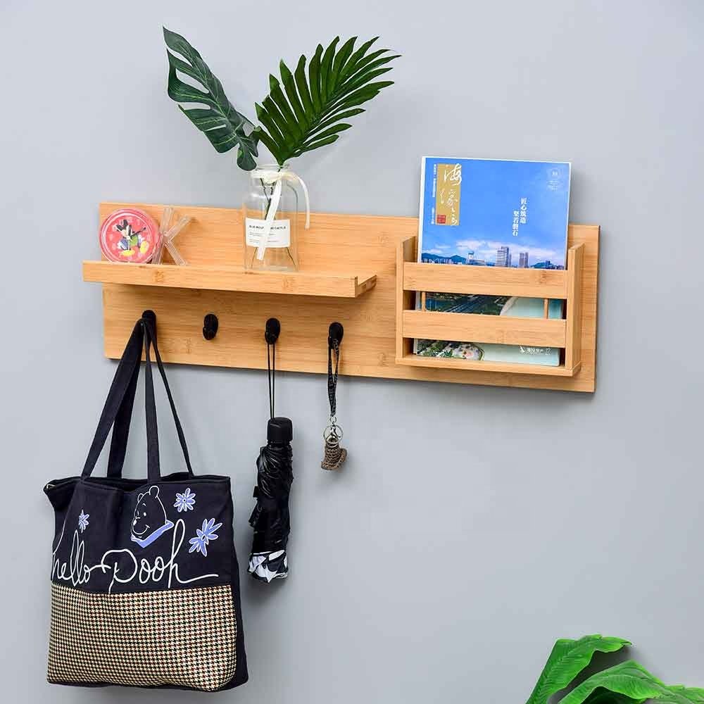 Modern Multifunctional Bamboo Wall Shelf with Four Hook Storage Box and Key Holder for Clothing & Living Room Use