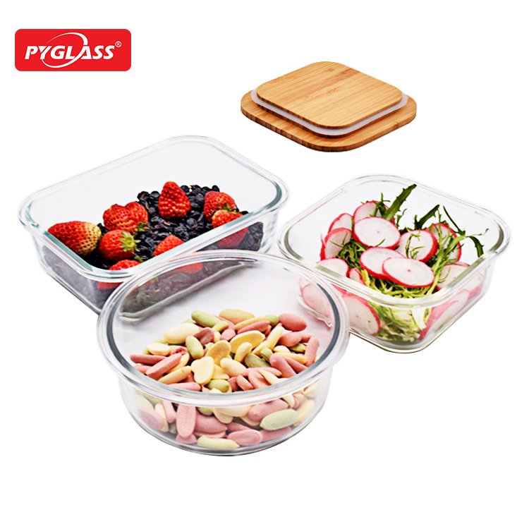 Heat Resistant Borosilicate glass Meal Prep Storage Lunch Box Glass Food Container with bamboo Lid 12set