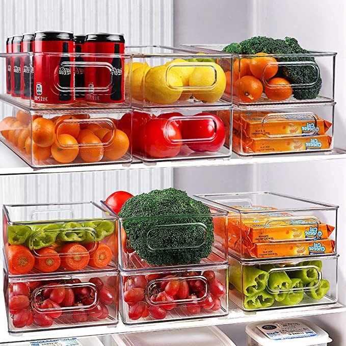 6Pcs Set Clear Stackable Refrigerator Organizer Bins Plastic Fridge Organizers for Freezer Kitchen Cabinet Pantry BPA Free
