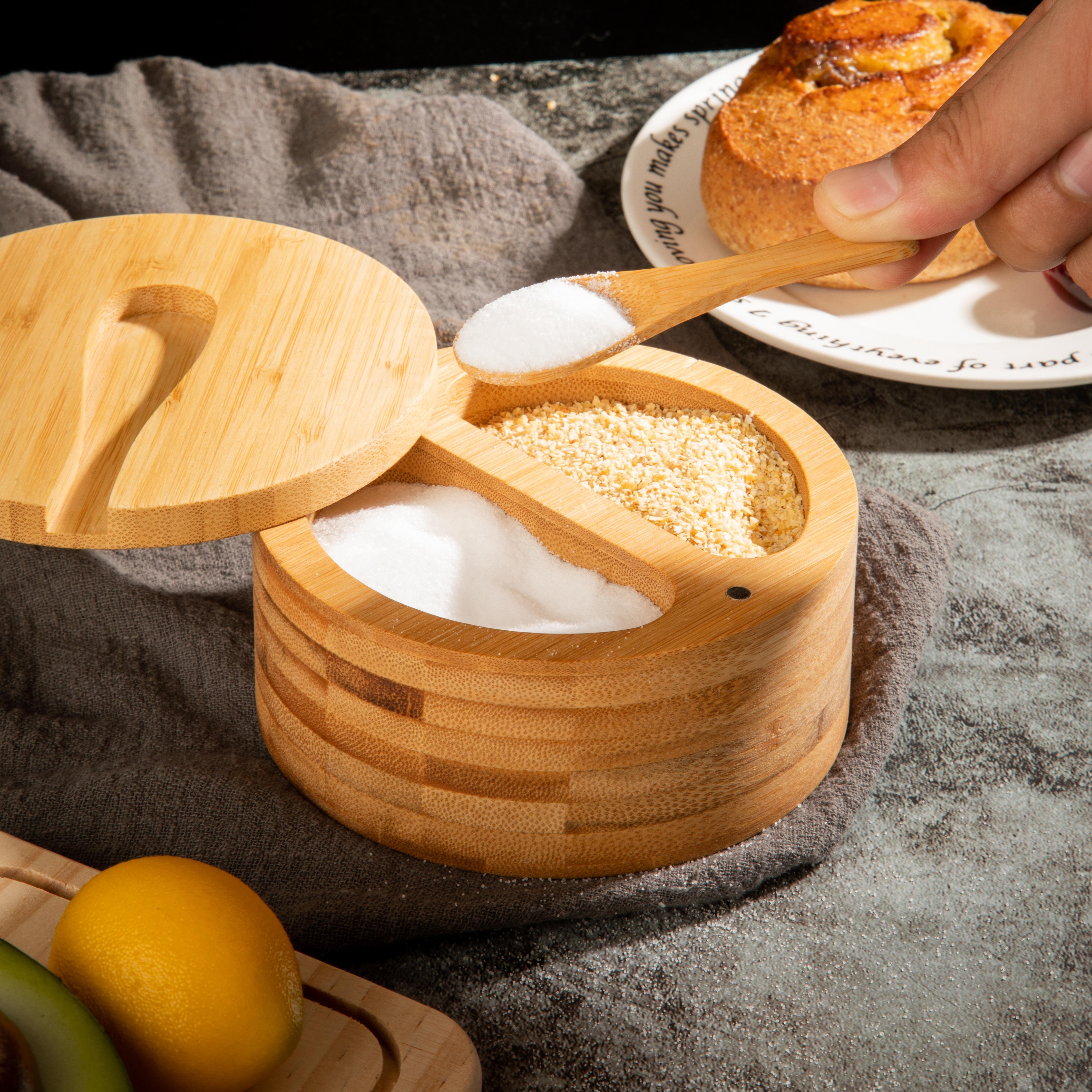 Good Value Bamboo Salt Box Bamboo Storage Box With Magnetic Swivel Lid Natural Material For Seasoning Jars