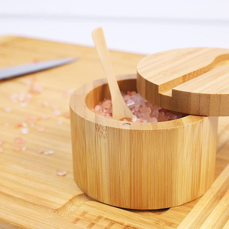 Good Value Bamboo Salt Box Bamboo Storage Box With Magnetic Swivel Lid Natural Material For Seasoning Jars