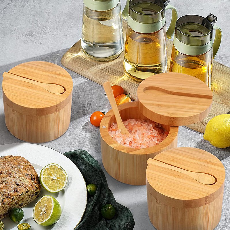 Good Value Bamboo Salt Box Bamboo Storage Box With Magnetic Swivel Lid Natural Material For Seasoning Jars