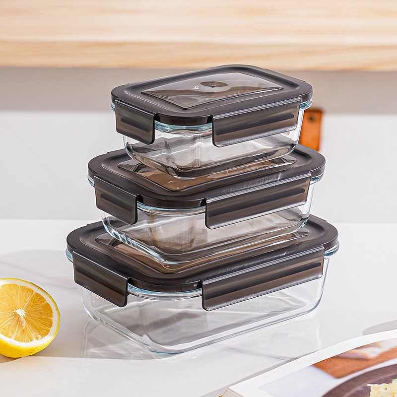 Rectangular leakproof transparent glass lunch box with plastic snap-on lock lid silicone ring food storage box bento box