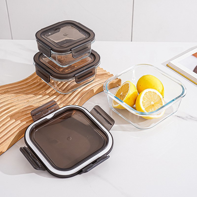Rectangular leakproof transparent glass lunch box with plastic snap-on lock lid silicone ring food storage box bento box