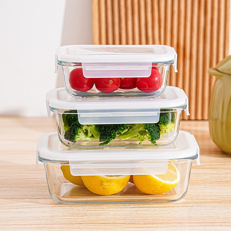 Rectangular leakproof transparent glass lunch box with plastic snap-on lock lid silicone ring food storage box bento box