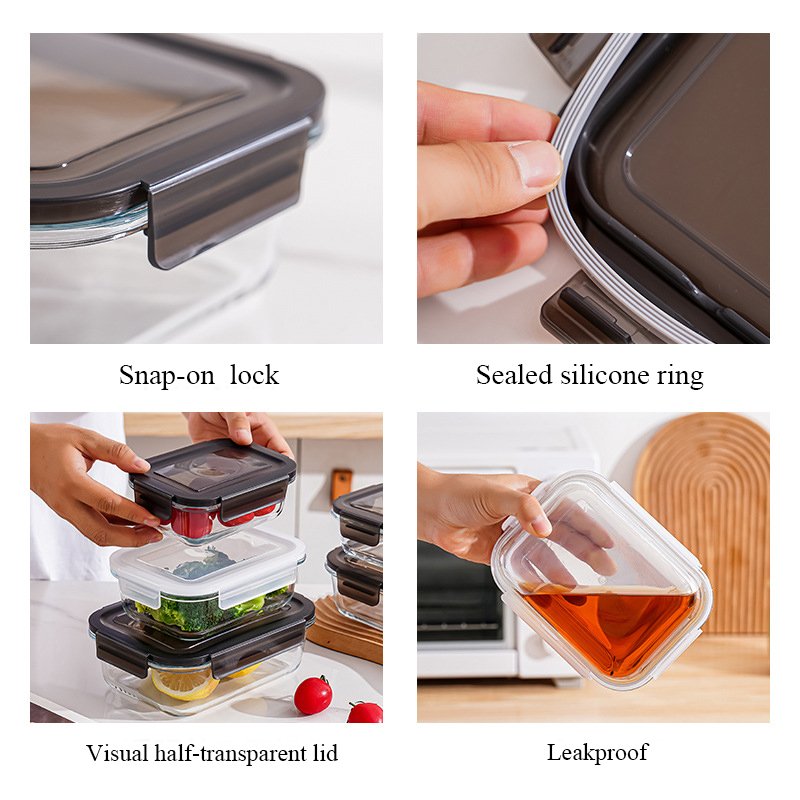 Rectangular leakproof transparent glass lunch box with plastic snap-on lock lid silicone ring food storage box bento box